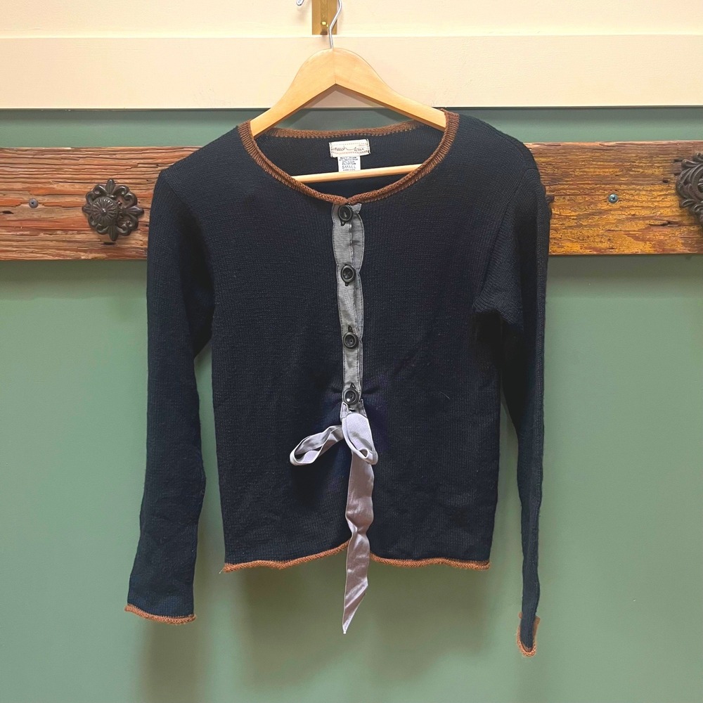 Neesh by DAR Anthropologie Black Merino Wool Blend Cardigan Ribbon Tie  Small